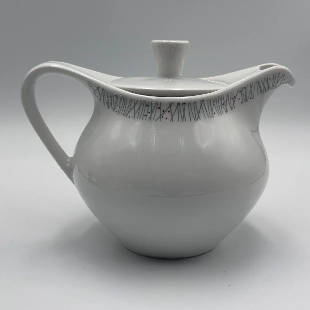 Vintage Schonwald Mid‎ Century Modern White Porcelain Teapot Germany Gray Red